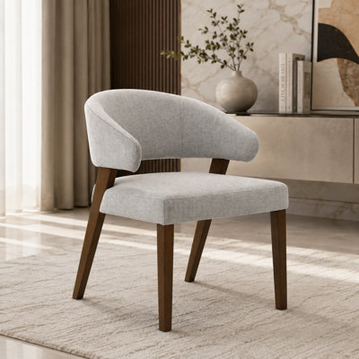 Chaise de salle à manger rembourrée, dossier en arc à arc ouvert, tissu gris Belfast et pieds en bois d'hévéa, style Mid-Century moderne