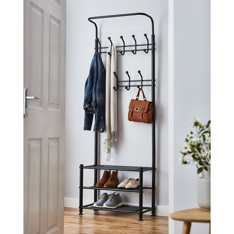 Hallway Coat Stand Steel Hall Tree with Shoe Storage, Black