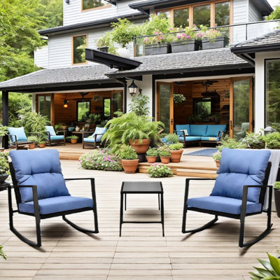 3 Pieces Outdoor Chair With Blue Comfort Sponge Cushions - All-Weather Materials For Poolside, Garden, Lawn 2 Patio Furniture Cushioned Chairs Weather For Lawn, Poolside Metal & Pe