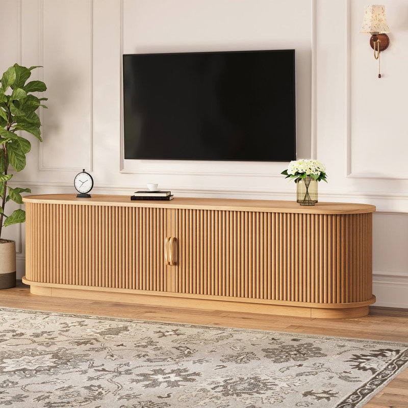 66.9‘’TV Stand With Sliding Wood Slatted Doors For Tvs Up To 75", Natural 