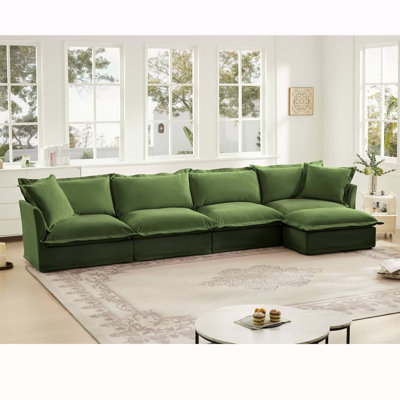 Canapé modulaire long en L avec housse avec housse, canapé 4 places avec accoudoirs polyvalents, canapé à assise profonde en chenille avec 2 grands coussins, canapé confortable pour le salon, appartement, tissu en chenille, vert