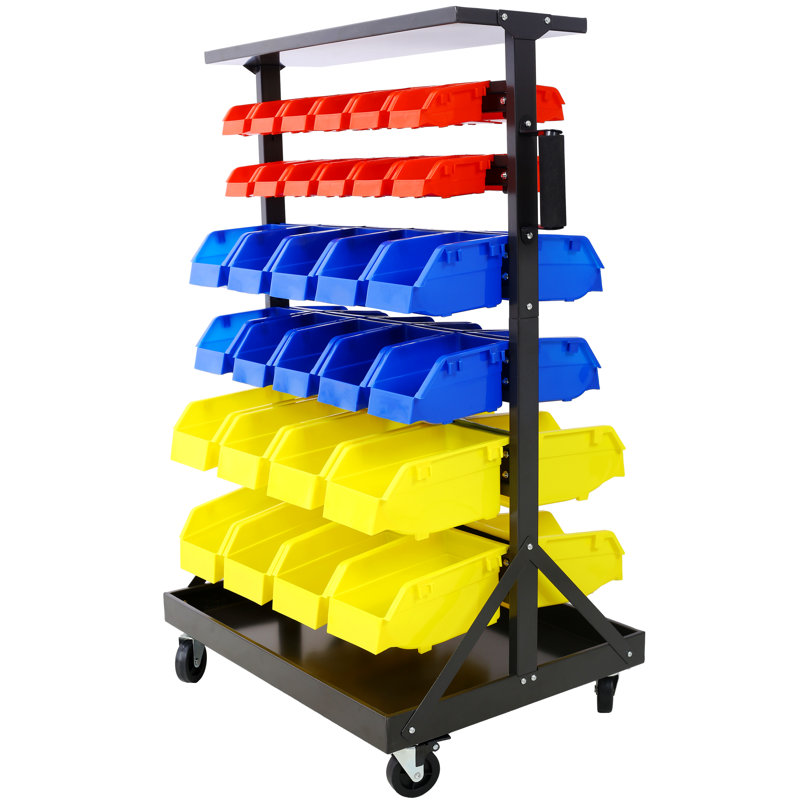 26" W Dual-Sided Mobile Metal Frame Plastic Bin Rack, With 2 Locking Wheels 6-Tier And 60-Bin Storage Rack
