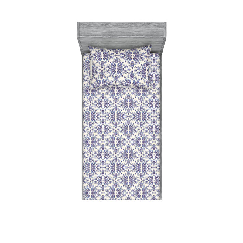 Ambesonne Fitted Sheet & Shams, Twin Sheet Set with 1 Pillowcase, Purple/Cell Blue/Ivory Flower