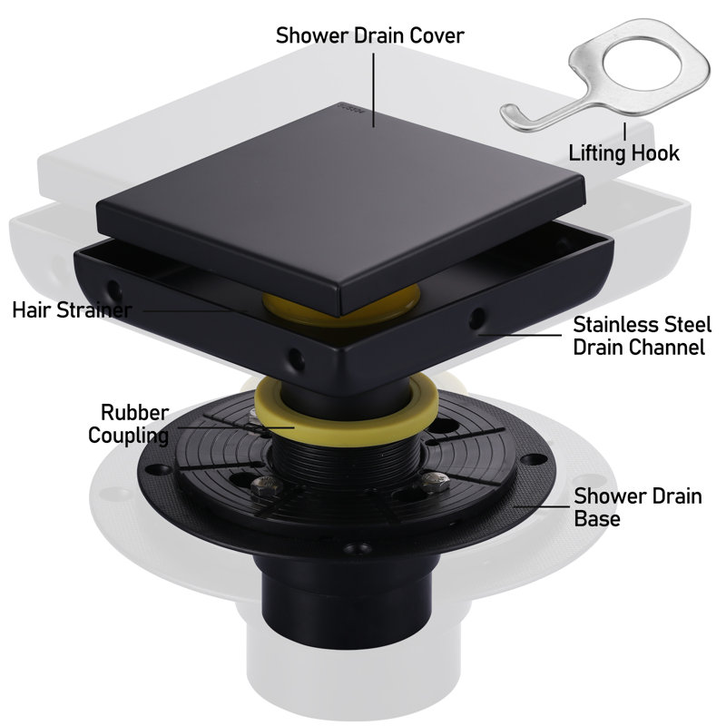 SUS 304 Stainless Steel 5.9" Square Shower Floor Drainer In Black, Matte Black