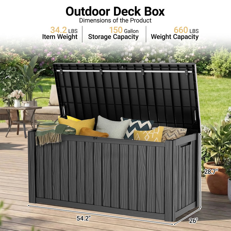 150-Gallon Resin Deck Box – Lockable, Waterproof Outdoor Storage Bench, Black