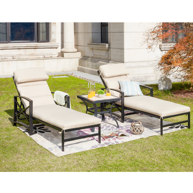 Ouellette Outdoor Rust-Resistant Metal Chaise Lounge Set with Table , Cushion Included, Khaki