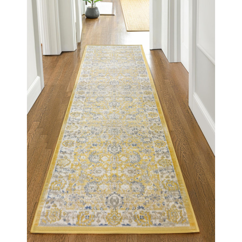 Tapis traditionnel Matthei couleur moutarde, Tapis de couloir 2 pi x 6 pi