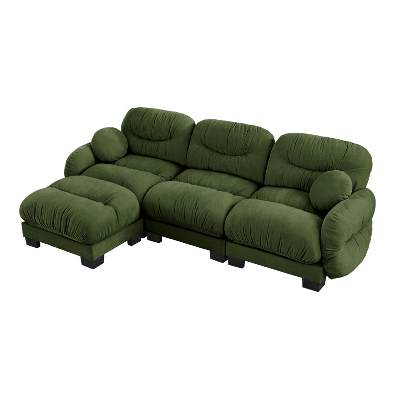 Canapé modulaire plissé plissé, canapé en chenille avec méridienne en L et repose-pieds, Chenille verte