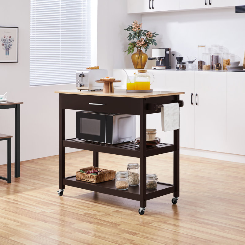 Îlot de cuisine avec plateau en bois massif Clinten, Espresso