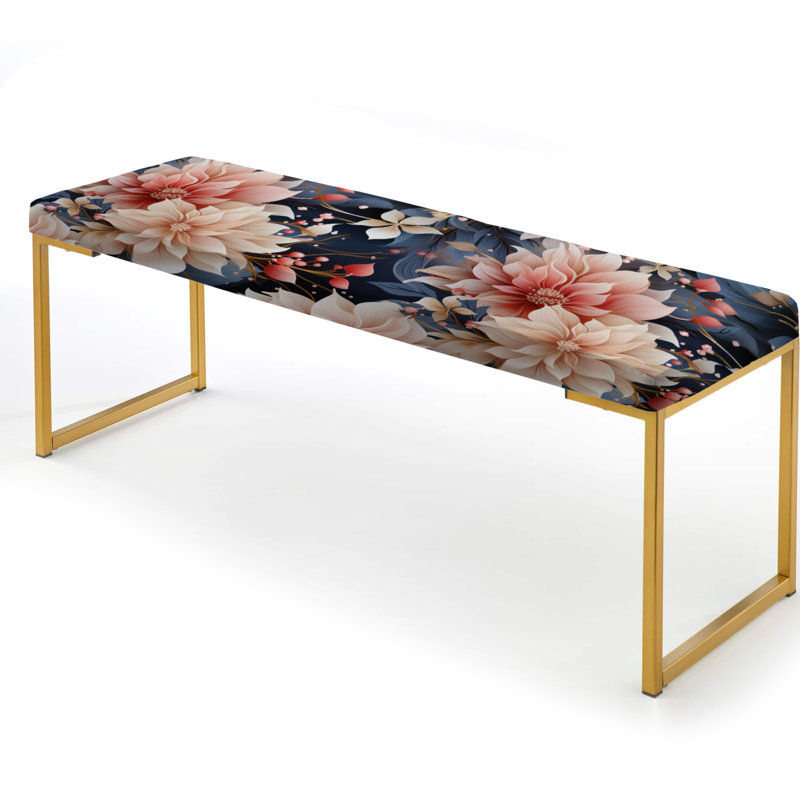 Floral Upholstered Gold Bench, Teal & Ivory Coastal Elegance Floral Pattern III