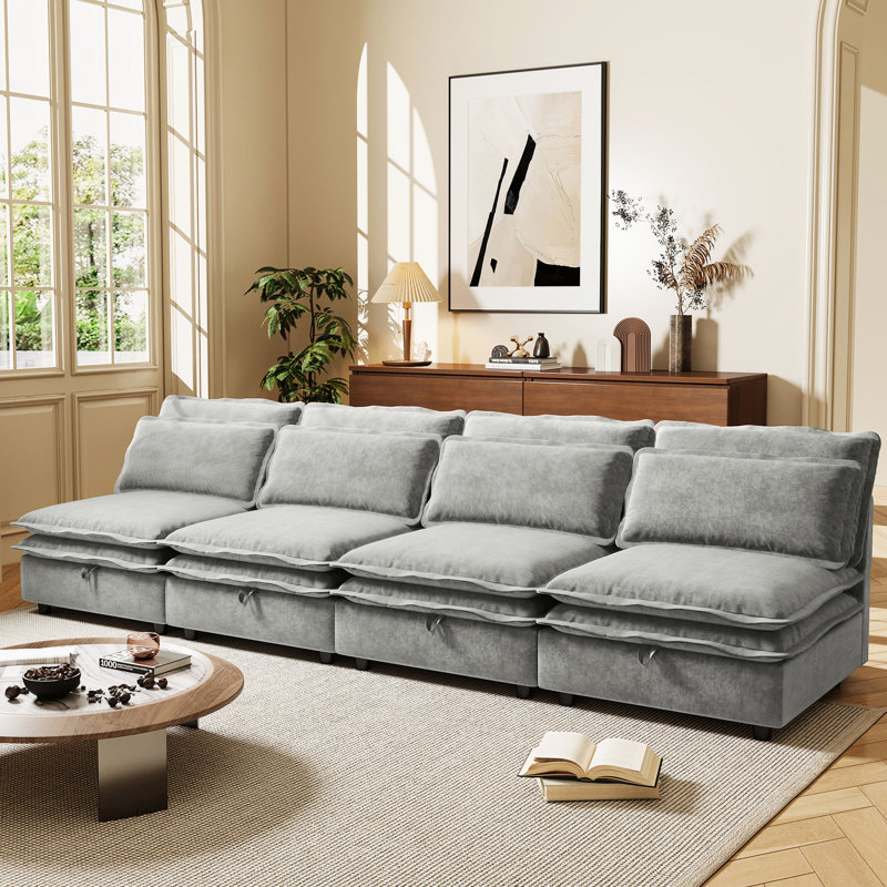 Rangement rembourré à double couche pour 4 personnes. Matériau gris. Mousse et bourre en coton PP. Structure en pin et contreplaqué. Pour différentes pièces. Coussin 4 facile à assembler pour salon, bureau et appartement