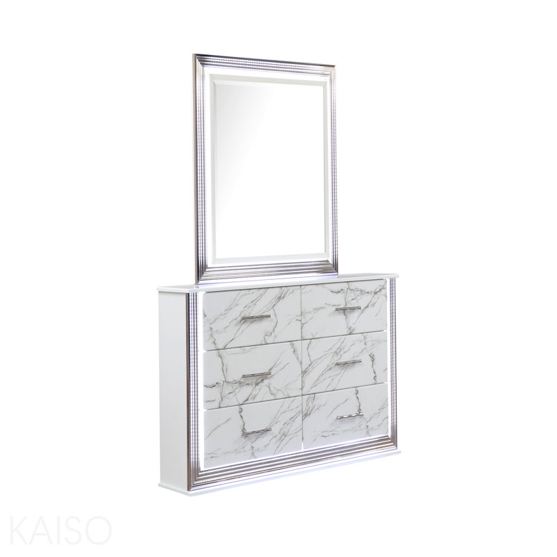 Commode à tiroirs en marbre avec finition blanche élégante, poignée métallique et six tiroirs spacieux pour un rangement élégant dans la chambre à coucher