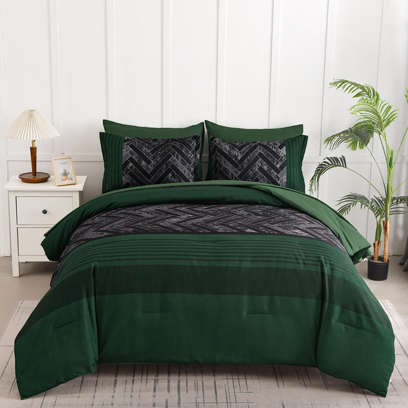 7-Piece Stripe Geometric Comforter Set, Soft Microfiber All-Season Complete Bedding Set, Emerald Green