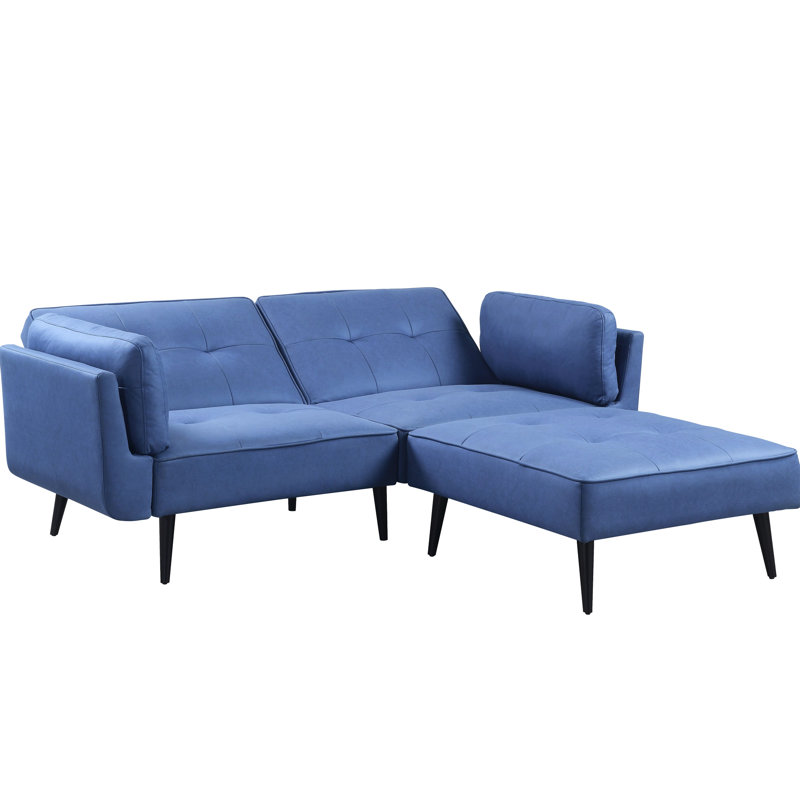 Tissu bleu et convertible au lit, structure intérieure en bois, pattes arrières Kd, housses de coussin amovibles, profondeur de siège de 54 po, hauteur réglable de 20 po avec siège à ressorts ensachés, couchette, oreillers inclus, bouton en métal,
