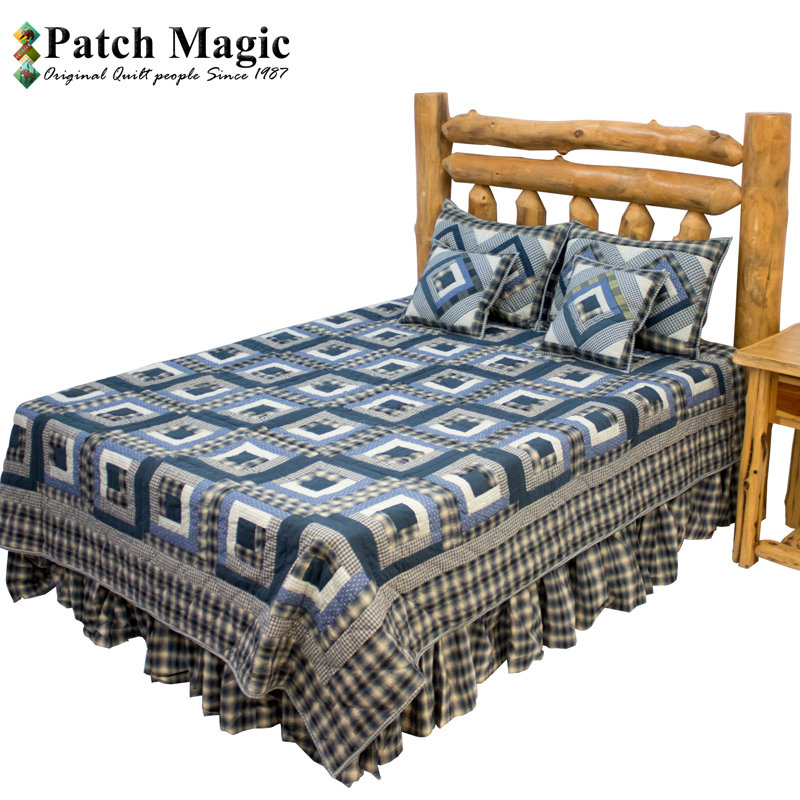 Blue Log Cabin Rustic Cotton Patchwork Quilt, Twin