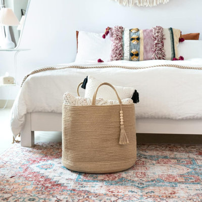 Panier de rangement tissé en corde de corde naturelle, décoration de perles en bois pour couvertures, jouets, vêtements, chaussures, bac de rangement pour plantes avec poignées, décoration de salon, jute