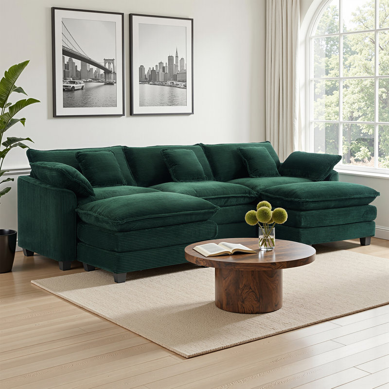U-Shaped Modern 3-Seat Corduroy Cloud Sofa - Modular Sectional with Deep Seat, 2 Ottomans & 5 Pillows for Living Room, Bedroom, Apartment