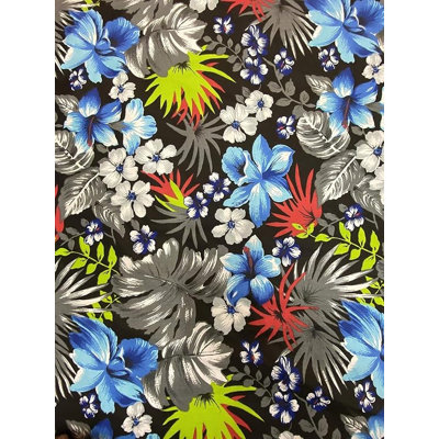 Tissu polycoton noir à motif floral tropical hawaïen, vendu au mètre, largeur 147 cm (58 pouces), imprimé hibiscus, idéal pour les chemises, robes, loisirs créatifs et décoration.