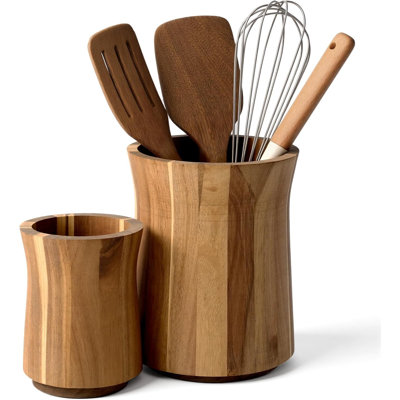 Porte-ustensiles en bois 2 pièces pour comptoir de cuisine, porte-ustensiles de cuisine rotatifs à 360 °, grandes cuves à ustensiles de cuisine pour le rangement de la spatule de comptoir