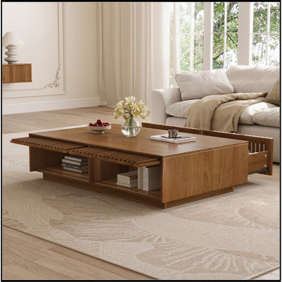 Mid Century Modern Solid Wood Coffee Table with Slatted Storage Drawers, Rectangular Low Profile Wooden Cocktail Table, Farmhouse Hidden Storage Cente