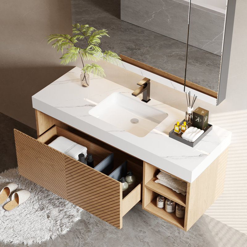 Meuble-lavabo flottant simple 48 po moderne, bois massif clair naturel, plateau de table en pierre blanche, deux tablettes ouvertes, pré-assemblé