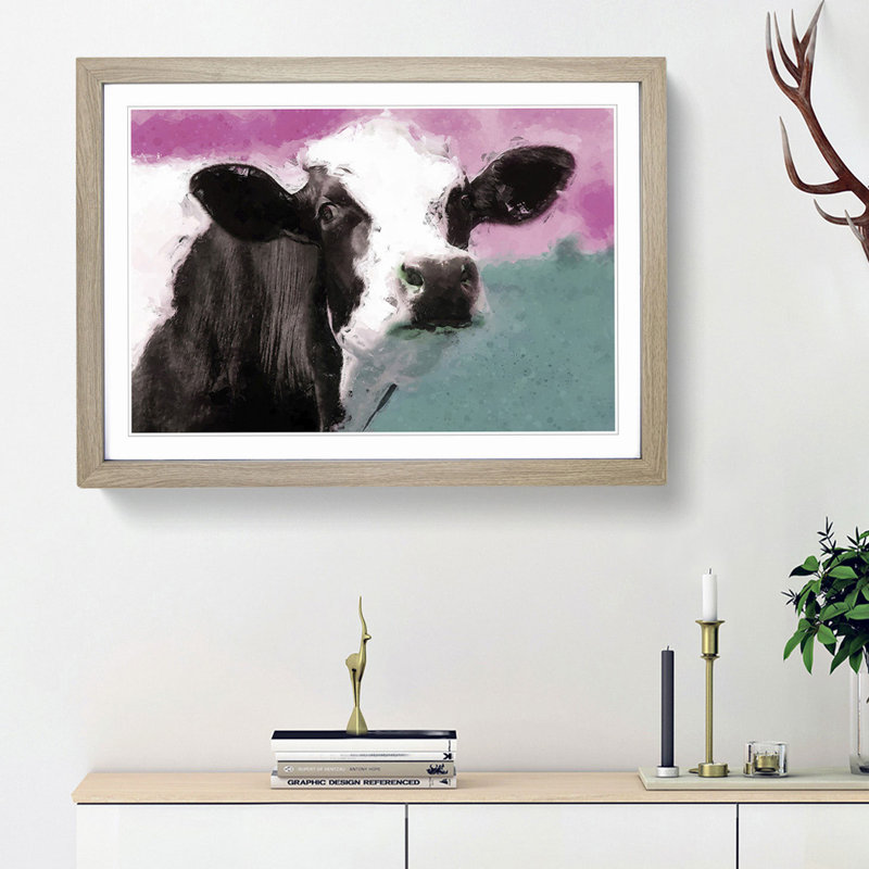 Cow in the Meadow in Abstract - Picture Frame Painting Print, 36cm H x 48cm W x 2cm D, Oak Framed