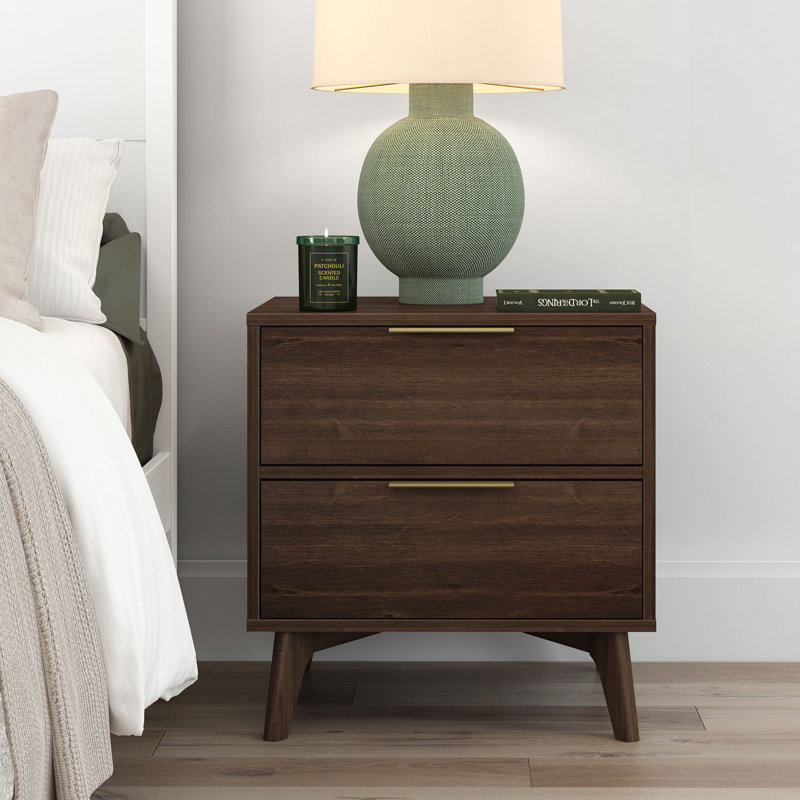 Haven 2 Drawer Nightstand, Walnut with Brass Handle, Walnut/Gold