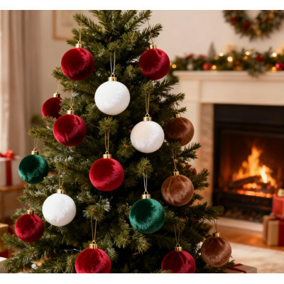 12-Pack Shatterproof Velvet Christmas Ball Ornaments, 3.15 in Fabric-Covered Tree Decorations for Holiday Home, Party & Tabletop Decor - Red/White