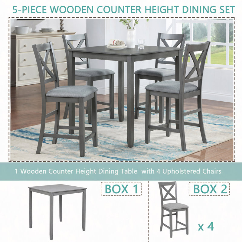Ensemble de table de salle à manger 5 pièces, ensemble de table de salle à manger carrée en bois pour 4 personnes, ensemble de table de cuisine à hauteur de comptoir avec table carrée et 4 chaises rembourrées pour les petits espaces