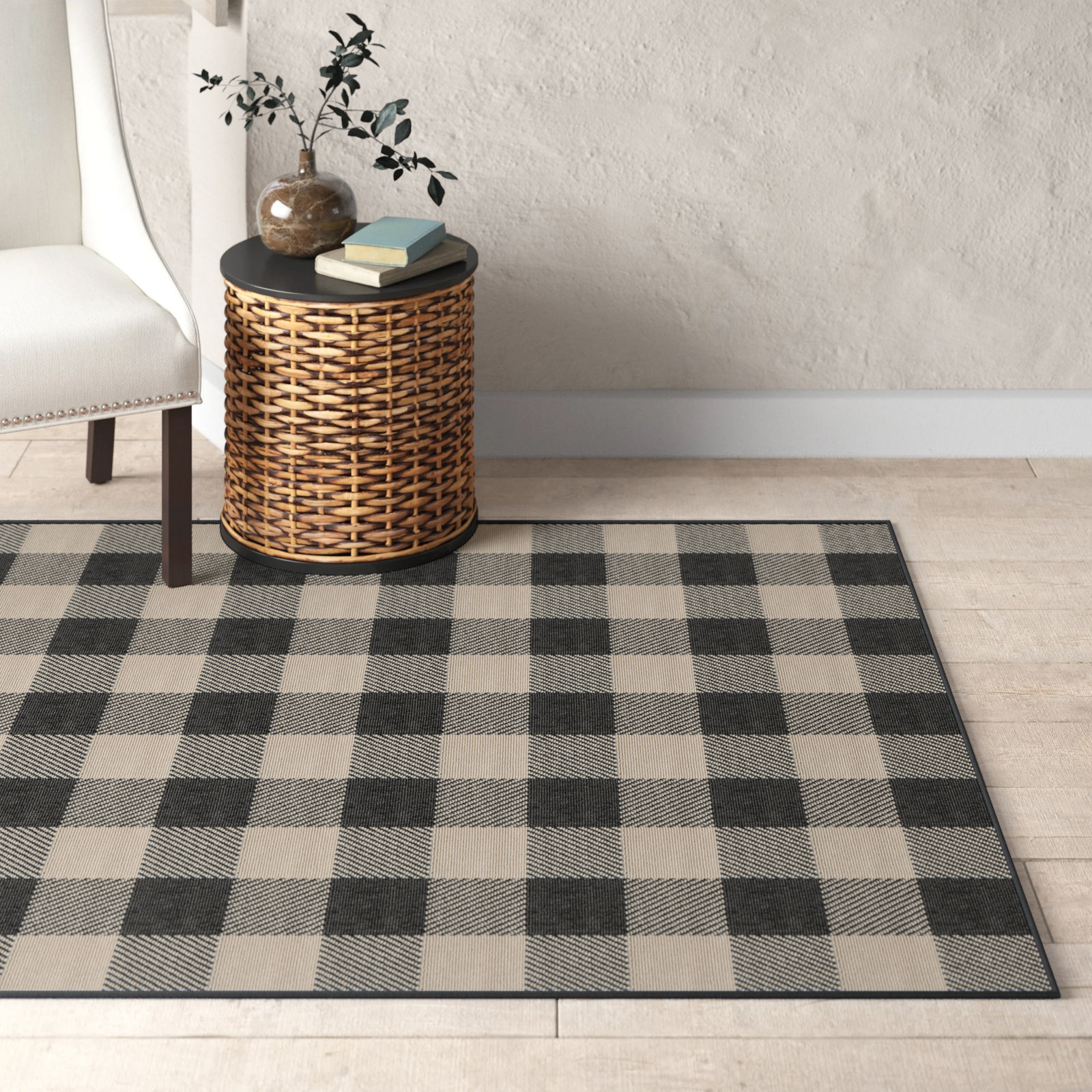 Adrienne Charcoal Plaid Outdoor Rug, Rectangle 6'7" x 9'6"