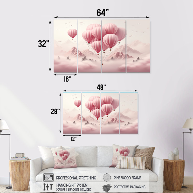 «Pink Air Balloon Adventure On Peak - Montgolfière», art mural 4 pièces pour le salon, H 32 po x l 64 po