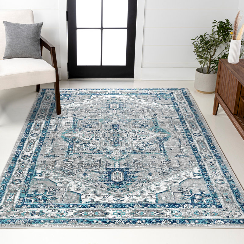 Lazaro Modern Persian Vintage Medallion Light Gray/Blue Rug, Rectangle 12' x 15'