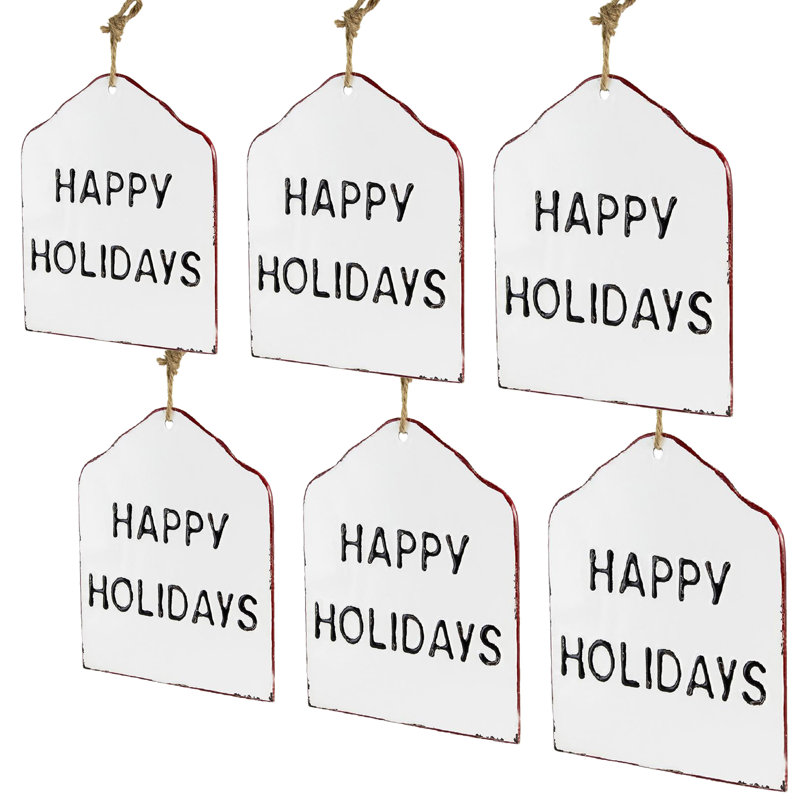 Ensemble de 6 étiquettes à suspendre en fer à finition joyeuses fêtes - H 7,5 po x 9,3 po - blanc / noir