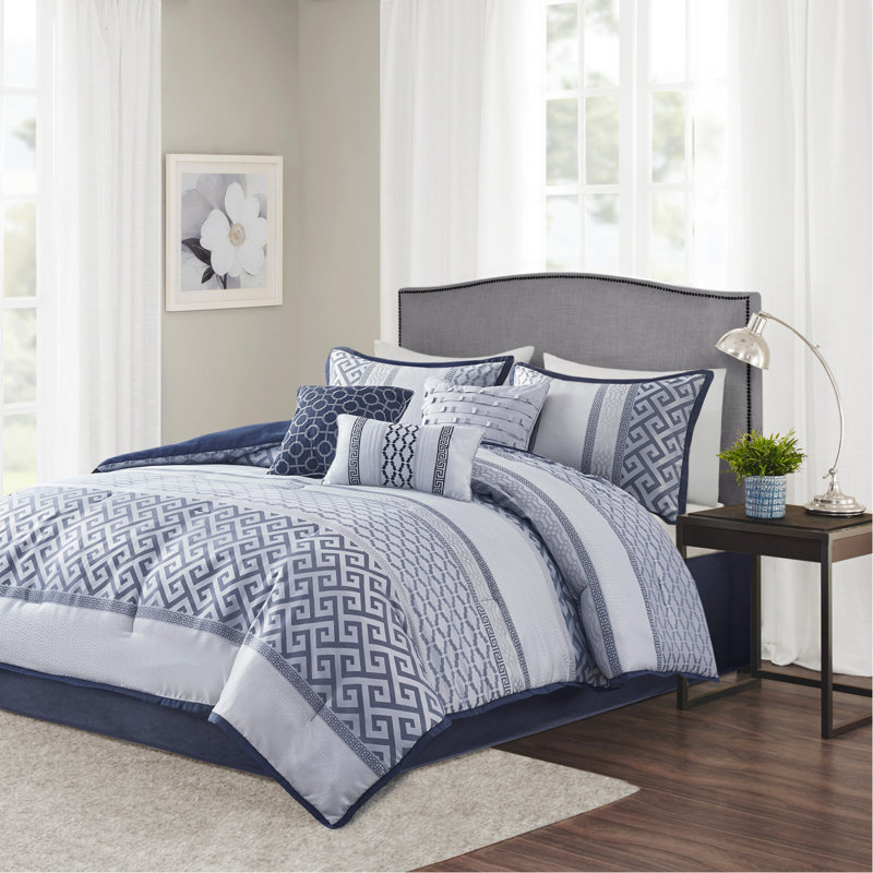 Ensemble d'édredon en jacquard 7 pièces grand bleu marine, Grand édredon et 6 pièces supplémentaires