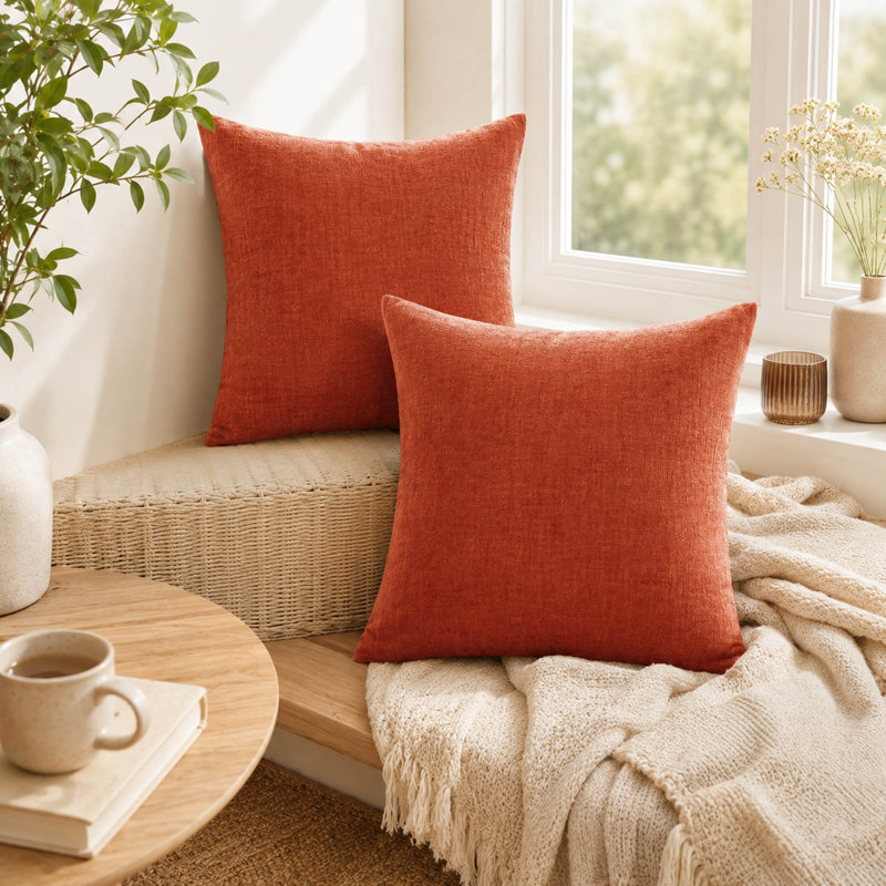 Ensemble de 2 housses de coussin décoratives en chenille orange brûlé, 45,7 x 45,7 cm