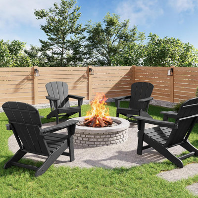Ensemble de 4 chaises Adirondack modernes en plastique PEHD - Chaise de foyer d'extérieur surdimensionnée en bois de polyéthylène surdimensionné de 380 lb - Chaises de patio extérieur en bois texturé pour terrasse, piscine, porche - noir
