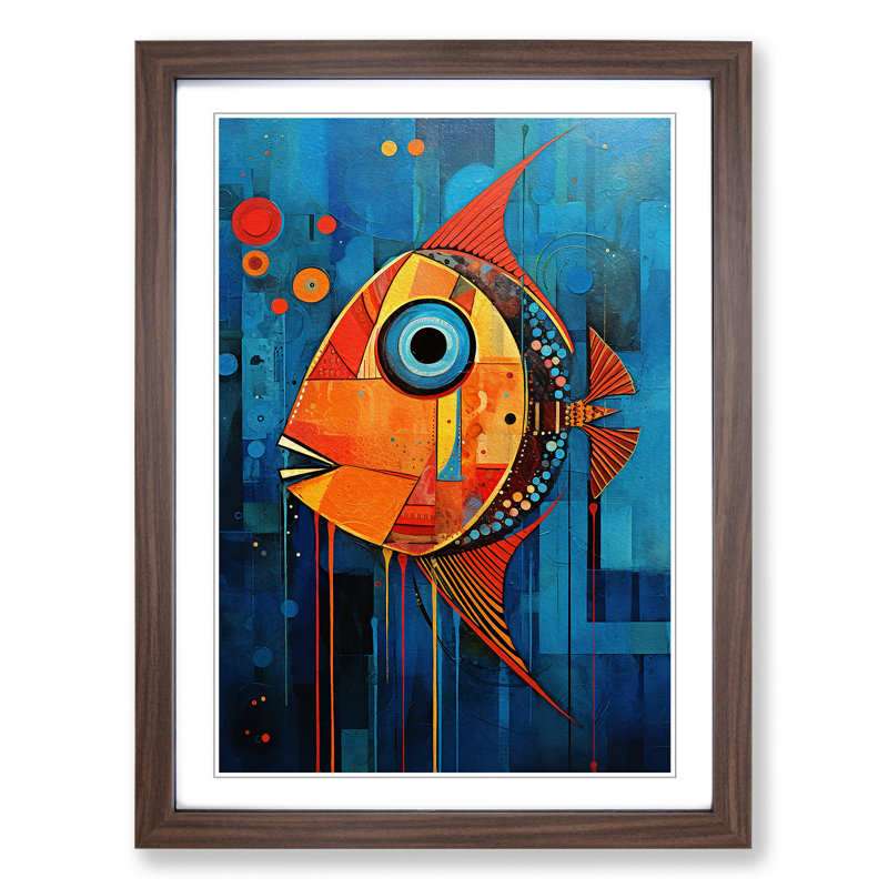 Fish Expressionism - Single Picture Frame Print on Wood, 34cm H x 25cm W x 2cm D, Walnut