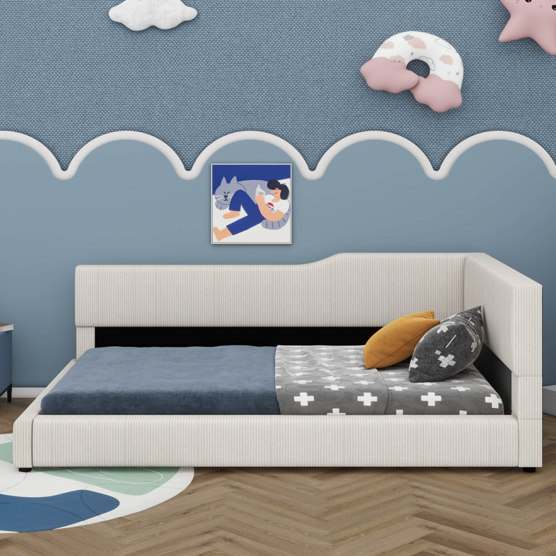 Structure de lit de jour rembourrée moderne en forme de L, avec un design de lit de plancher fabriqué avec un tissu en velours côtelé luxueux