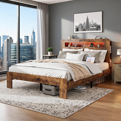 Bedroom Use Queen Size Bed Frame, Warm Brown Mixed Metal Wood Construction with Built-In Storage and Charging Ports