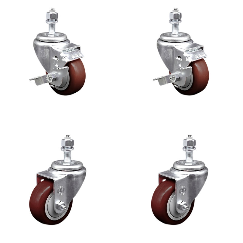 Ensemble de roulettes à tige filetée pivotante en polyuréthane 3 pouces SS ½ pouce 2 freins SCC