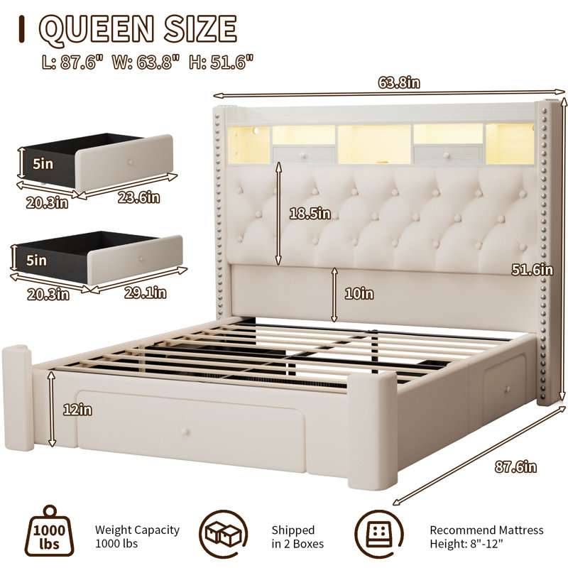 Bed Frame with Storage Drawers,Bed Frame with LED Lights,Velvet Upholstered Platform Bed with LED Lights and Charging Station,No Box Spring Needed,Noise-Free,Easy Assembly