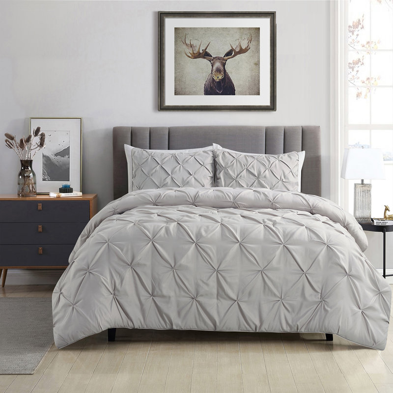 Pintucked Comforter Set, Queen Comforter + 2 Standard Shams, Gray