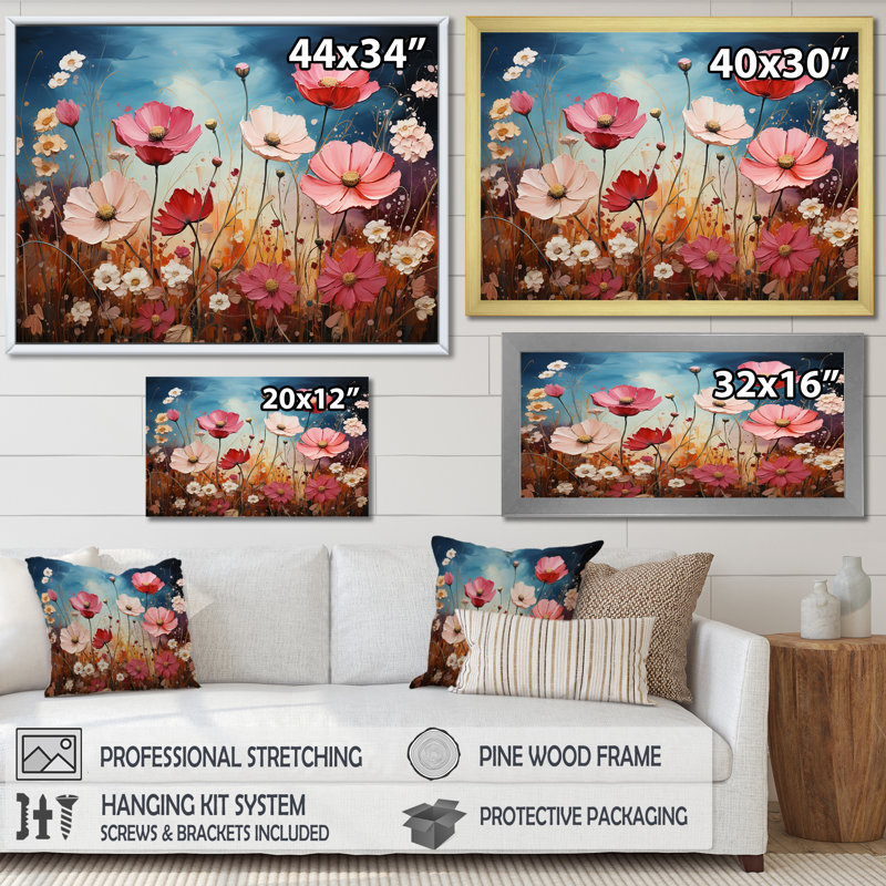 «Pink Crimson Flower Meadow Field IV», reproduction sur toile, Cadre flottant blanc, 34" H x 44" W