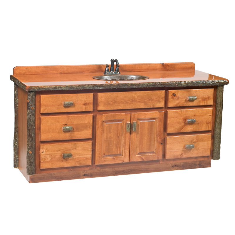 Fireside Lodge Hickory Log Vanity - 6-foot - Slab Style Top - Cognac - Liquid Glass - Sink Center, Rustic Maple