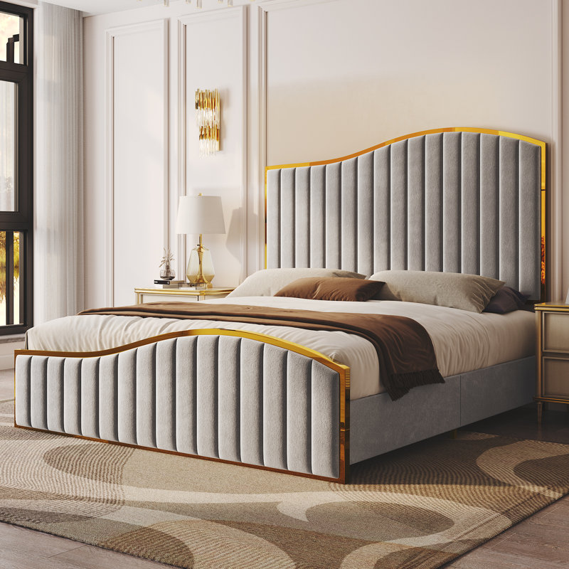 Kiari Upholstered Platform Bed with Harp Headboard & Footboard, Cream, King