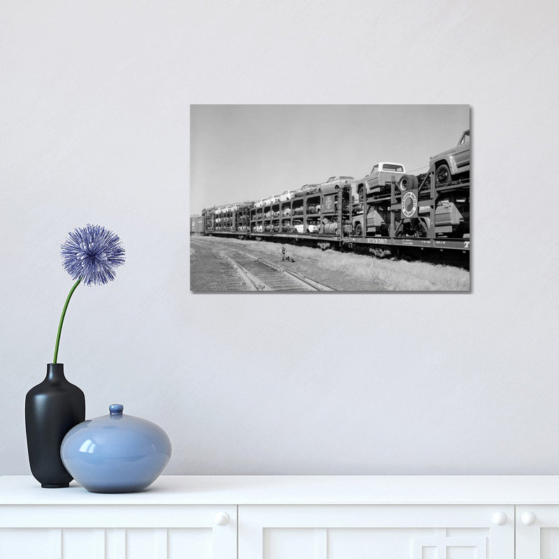 1960s Railroad Freight Train Carrying Automobiles And Pickup Trucks - Wrapped Canvas Print, 30.48 cm H x 45.72 cm W