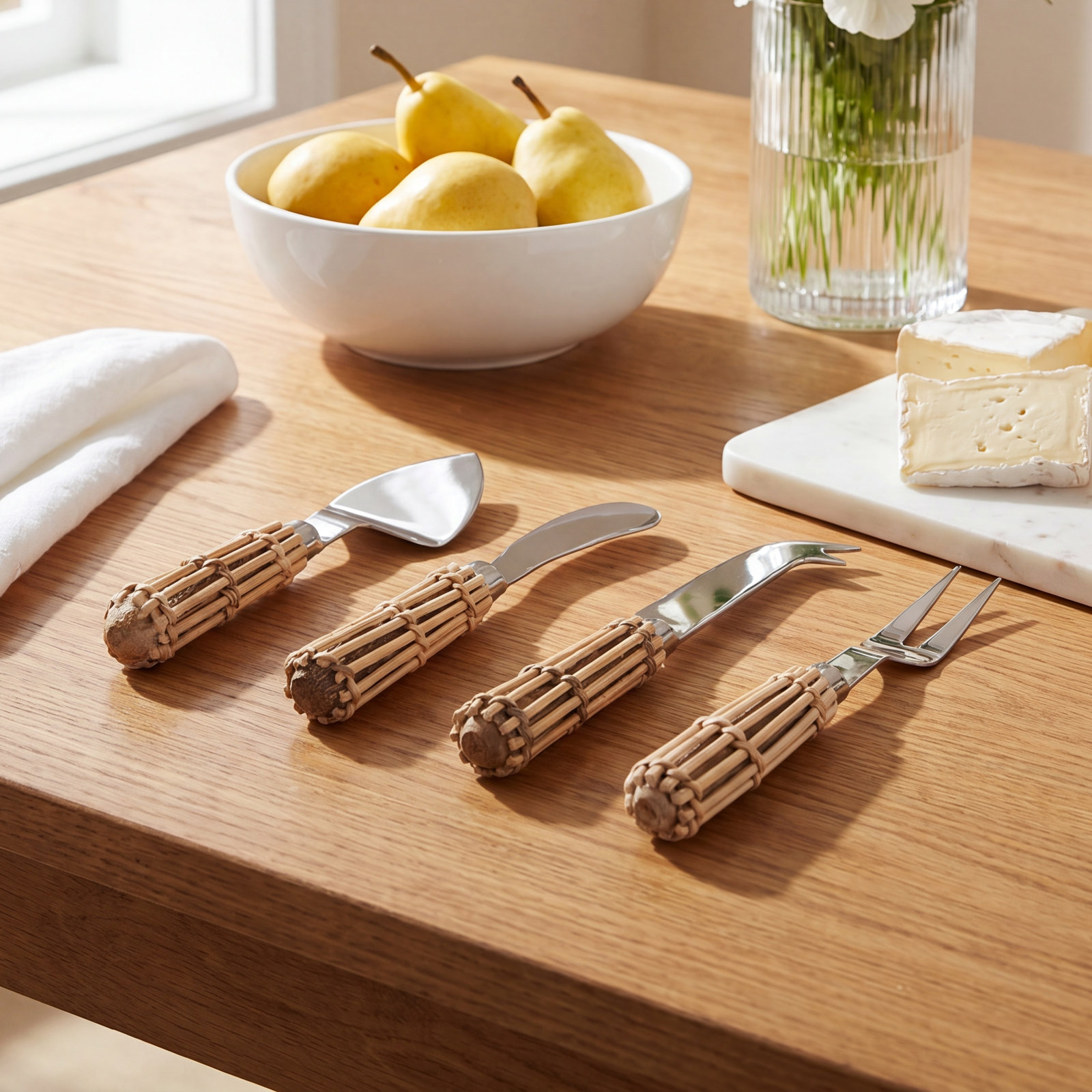 Wicker Handle Stainless Steel Cheese Serving Set