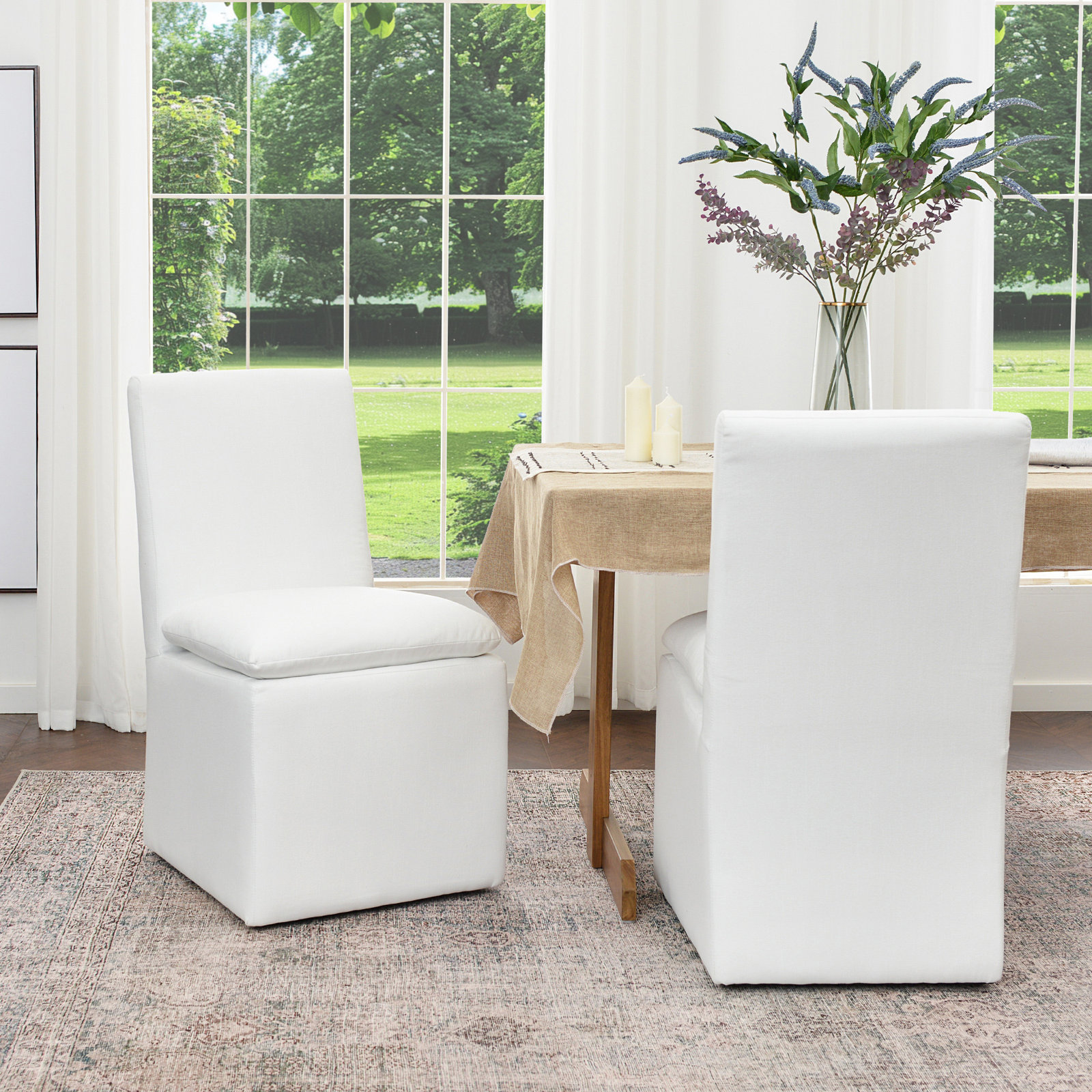 Keaton 21" Wide Modern No Assembly Upholstered Linen Side Dining Chair with Casters, White