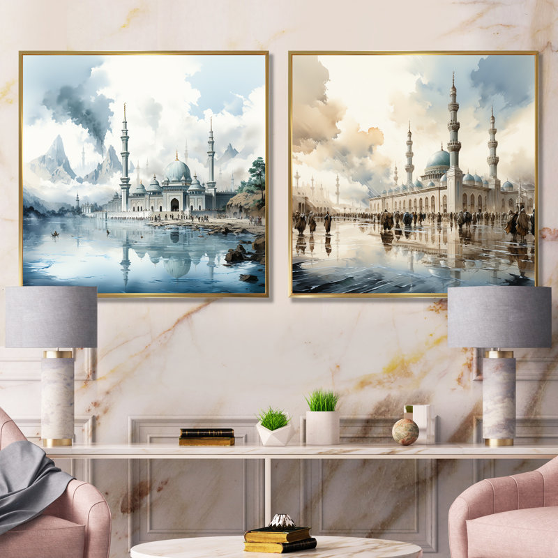 Ensemble de 2 impressions sur toile «Mosquée», Cadre flottant doré, H 36 po x l 73 po x P 1,5 po