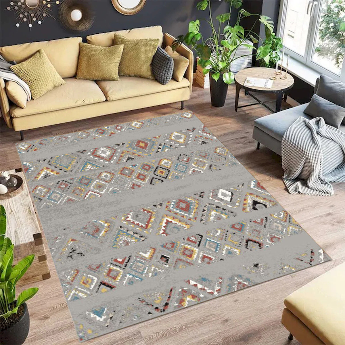 Bungalow Rose Grey With Multi Color Distressed Diamond Pattern Rug ...